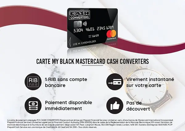 La carte de paiement Black Mastercard, disponible et utilisable dans le réseau Cash Converters pour vendre et acheter n'importe quel objet.