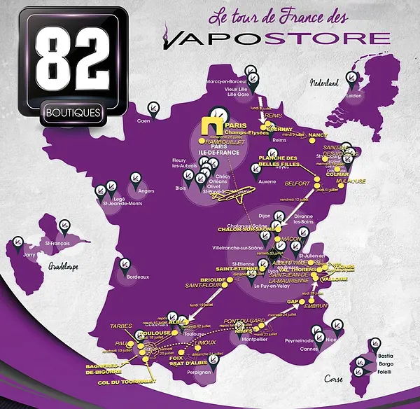 La carte des boutiques Vapostores en France et à l'étranger. 