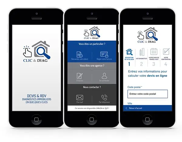 Application mobile dédiée aux devis et rendez-vous en ligne pour tous les diagnostics immobiliers: Clic And Diag.